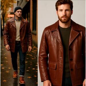 Huckberry Vintage M Wide Lapel $499 Leather Jacket 70s Disco Coat Retro Brown 40